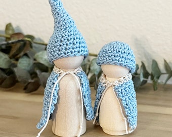 Blue Peg Dolls w/ Hats & Capes, Crochet, Handmade in CA