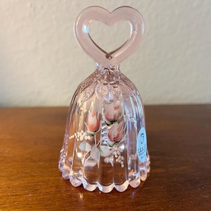 PINK Fenton Heart Handle Bell, Handpainted, Roses, Signed