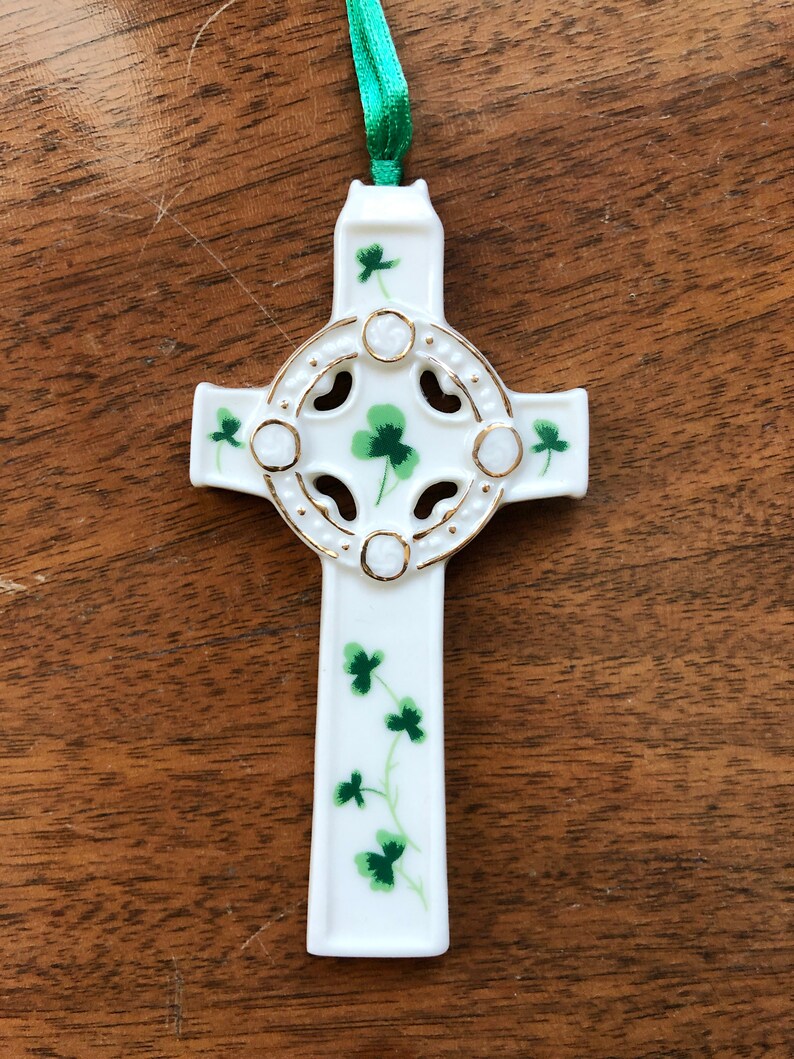 Clovers Irish Porcelain Celtic Cross Ornament Shamrocks