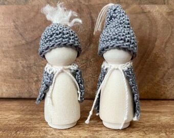 Winter Peg Dolls w/ Hats & Capes, Crochet, Gray, White, Handmade in CA