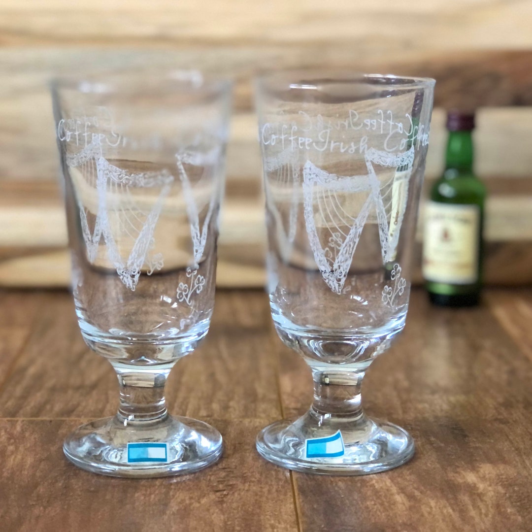 Pair of Eamon Irish Coffee Etched Glasses W/ Harp & Shamrocks Etsy
