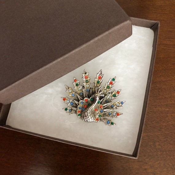 Vintage Peacock Brooch, Pin, Rhinestones - image 4