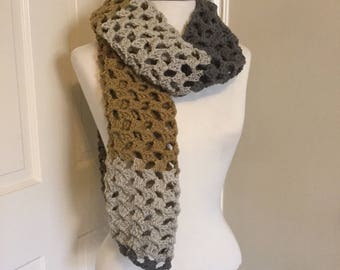 Open Weave Granny Stripe Scarf, Crochet, Fall Colors, Color Block, Shades of Gray, Handmade in USA