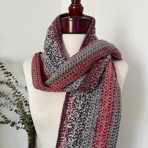 Tweed Stripes Scarf, Red, Grey, Crochet, Handmade in California