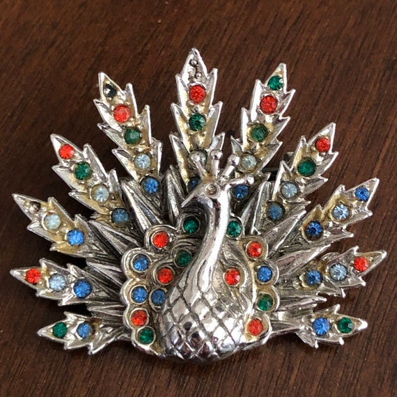 Vintage Peacock Brooch, Pin, Rhinestones - image 1