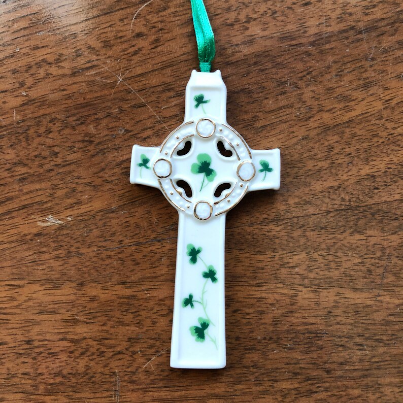 Clovers Irish Porcelain Celtic Cross Ornament Shamrocks