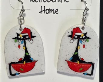 Handmade Retro Atomic Christmas Cat Earrings