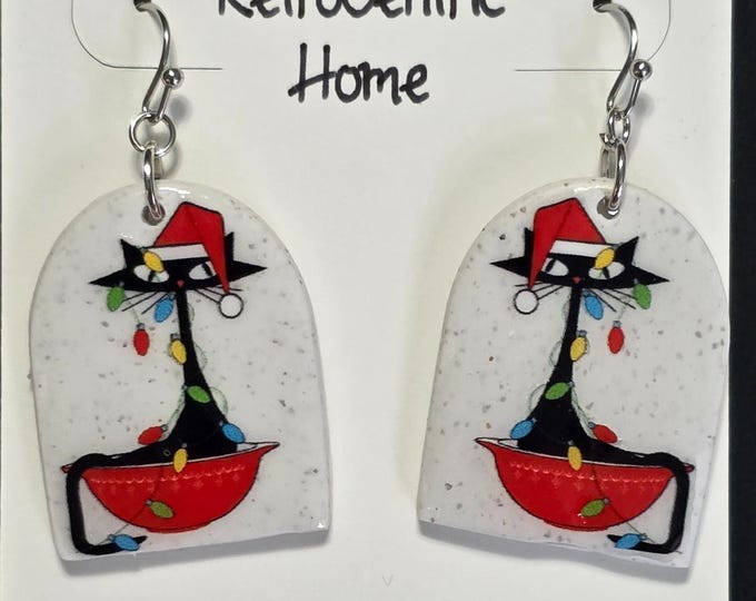 Handmade Retro Atomic Christmas Cat Earrings