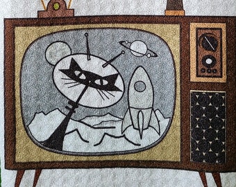 MCM Atomic Space Cat towels- Black and white tv show