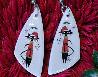 Cat wearing a Christmas sweater -Handmade Retro Atomic Christmas Cat Earrings