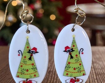 Handmade Retro Atomic Christmas Cat Earrings