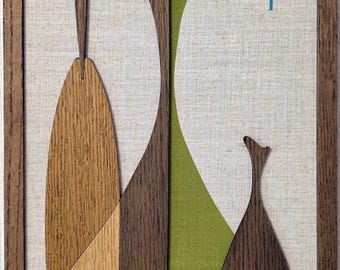 Handmade Mid-Century Modern wall art panel with shapes inspired by vintage Sexton bottles.