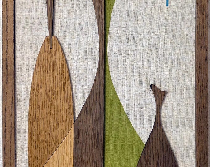Handmade Mid-Century Modern wall art panel with shapes inspired by vintage Sexton bottles.