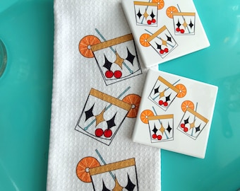 Retro Bar art, Old Fashioned - MCM Coasters and Towels, Mid Century Modern wall art, Old Fashioned cocktails, gift for him