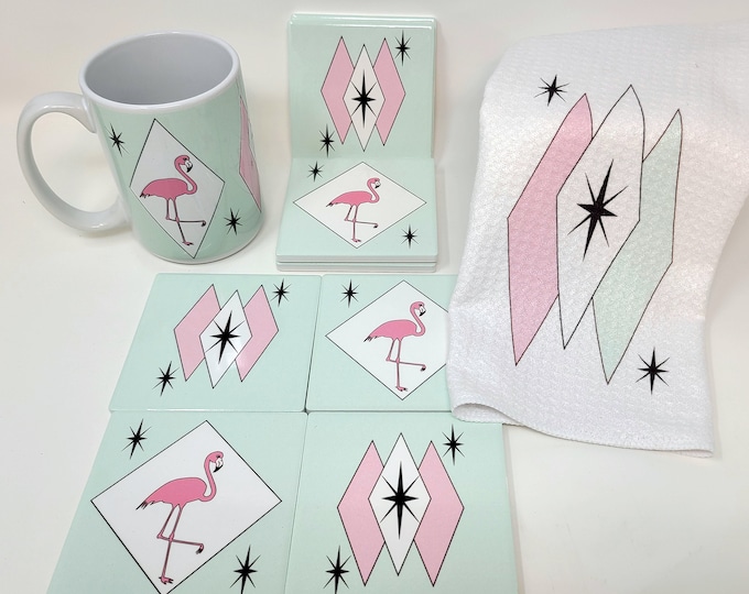 Retro Pink and Mint Flamingo gift set/coffee mugs/coasters/flamingo mugs/ retro design