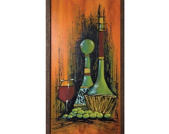 Mid-Century Modern Still Life Painting, inspired by the style of 1960's/70's drip art, bottles, wine, retro, mcm wall art, decor