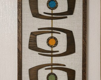MCM Wall Art Panels, Mid Century Modern wall art, Linen panels with wood and gravel art-ONE PANEL