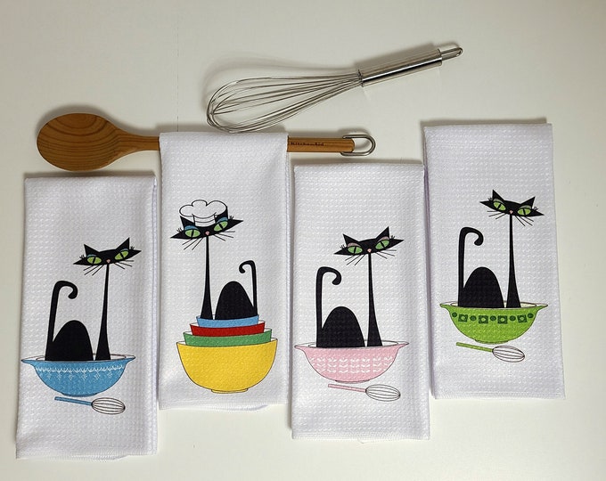 Pyrex Bowls kitchen towels/Cat Towels/ Atomic Cats/ Funny Cat Towels,MCM Atomic Cats , Cat mom gift, cat lovers cat dad gift, gift for her