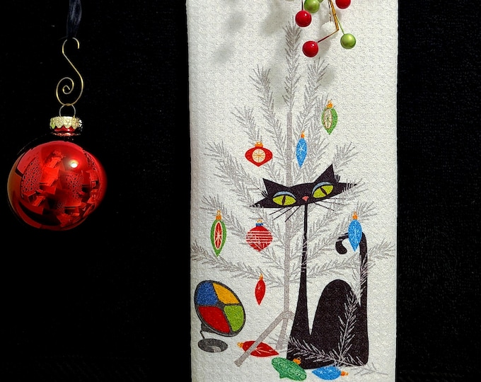 Atomic Cat and Aluminum Christmas Tree, Evergleam tree, Christmas towel,  Cat Lovers towel, Gift set for Cat lovers, MCM Cats Christmas