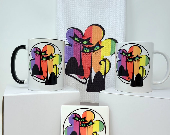 Pride Towels Mugs & Coasters Atomic Cats and Rainbows,  LGBTQ Kitchenware ,Birthday Pride Gifts, Gay Cat Lovers, Gift set Pride