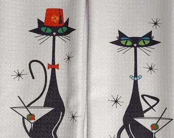 Mid Century Modern Atomic Martini Cat bar towels, cat mom, cat dad, MCM cat