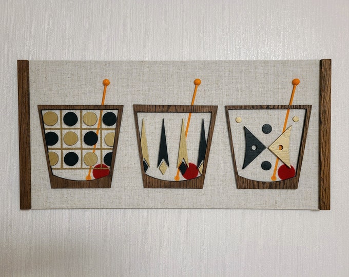 MCM Wall Art Panels, Mid Century Modern wall art, Linen panels with wood, Cocktail Glasses