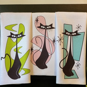MCM Atomic Cats in Retro Shapes kitchen and bar towels/Cat Towels/ Atomic Cats/ Funny Cat, Cat mom, Cat dad, Gift Cat lover, gift for her