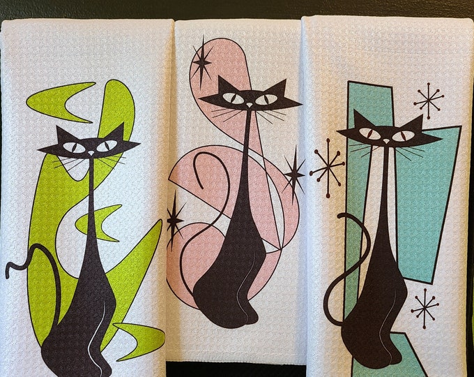 MCM Atomic Cats in Retro Shapes kitchen and bar towels/Cat Towels/ Atomic Cats/ Funny Cat, Cat mom, Cat dad, Gift Cat lover, gift for her