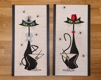 Pair of Mid Century inspired Atomic Cat art on panels- Martini Time