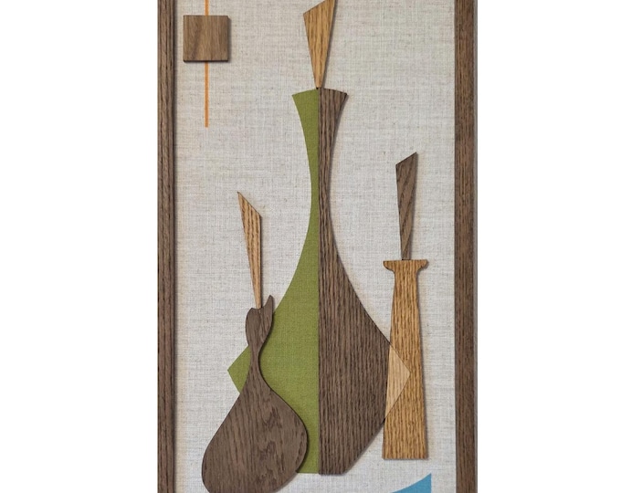 Handmade Mid-Century Modern wall art panel with shapes inspired by vintage Sexton bottles.