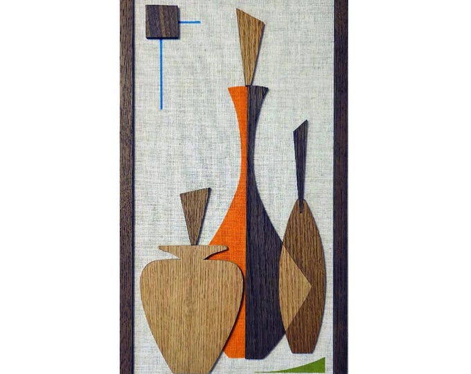 Handmade Mid-Century Modern wall art panel with shapes inspired by vintage Sexton bottles.