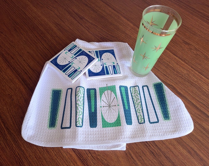 Retro Bar art, Vintage pattern Cathay inspired, MCM Coasters and Towels, Mid Century Modern art, Atomic age, Retro bar, atomic bar art