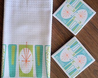 Retro Bar art - MCM Coasters and Towels, Mid Century Modern wall art, Atomic age, Retro bar, atomic art on bar towels, MCM barware