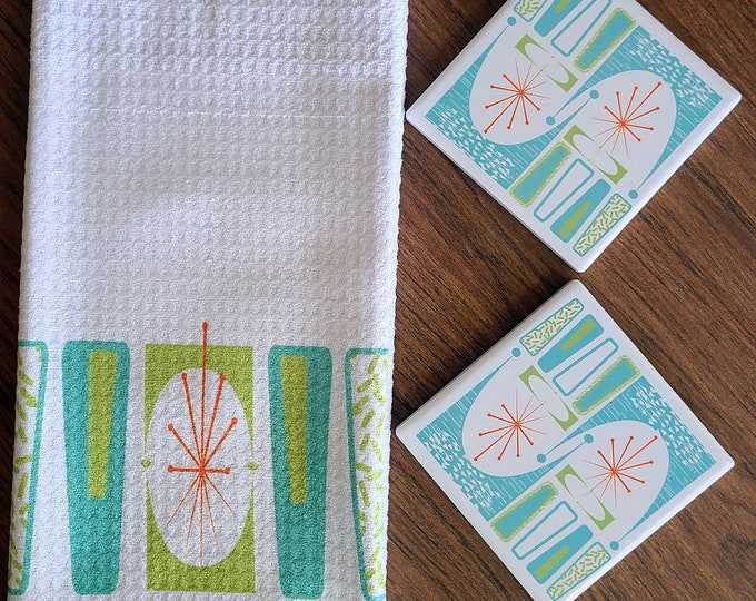 Retro Bar art - MCM Coasters and Towels, Mid Century Modern wall art, Atomic age, Retro bar, atomic art on bar towels, MCM barware