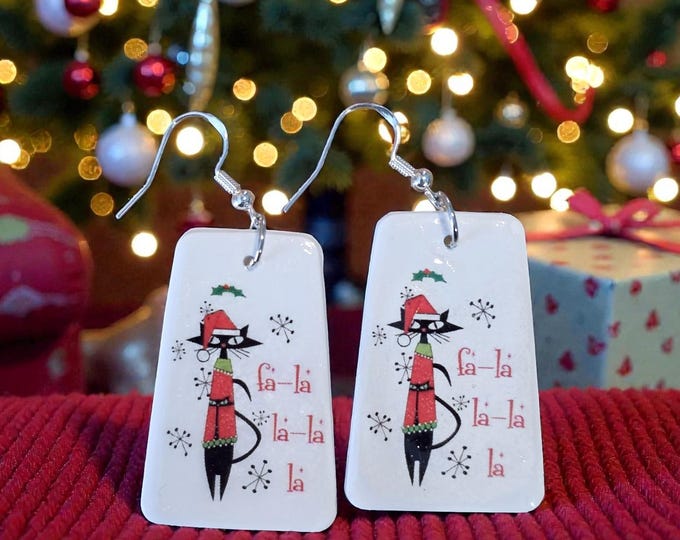 Handmade Retro Atomic Christmas Cat Earrings -Fa-La-La -