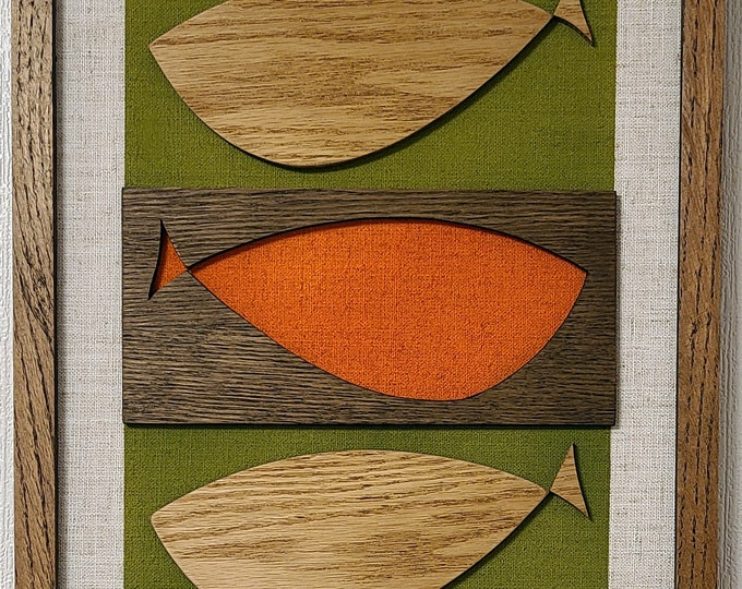 Mid Century inspired Fish art on linen panel