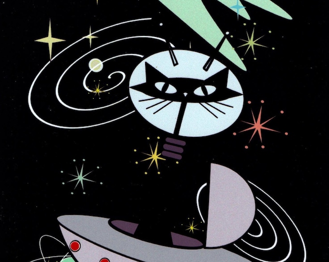MCM Atomic Space Cat in Flying Saucer, Metal Photo Print, Mid Century Cat Art