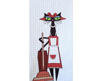 MCM Atomic Cat towels -Lois gets a new Vacuum, MCM towels, mid century, cat lover gift
