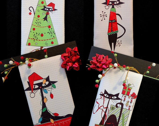 Mid Century Modern Atomic Christmas Cat towels, cat mom gift, cat dad gift, MCM cat, retro cat, Great gift for cat lovers , Funny cat towels