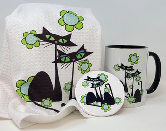 FLOWER POWER Towels Mugs & Coasters Atomic Cats, Birthday Gifts, Cat Lovers, Gift set