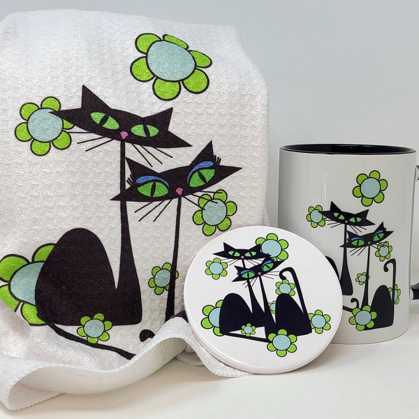 FLOWER POWER Towels Mugs & Coasters Atomic Cats, Birthday Gifts, Cat Lovers, Gift set