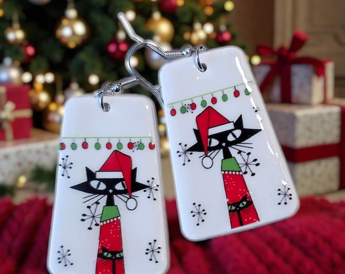 Handmade Retro Christmas Cat Earrings – Atomic Holiday Jewelry