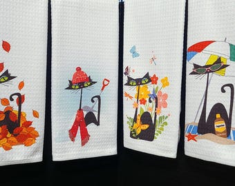 NEW Patterns! Mid Century Modern Atomic Cat towels, cat mom gift, cat dad gift, MCM cat, retro cat , Funny cat towels, four seasons