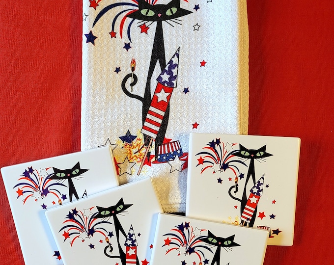 July 4th Independence Day retro Cat Towels & Coasters Atomic Design, Birthday Gifts, MCM Cat Lovers, Cat Dad Gift set, Cat mom gift set