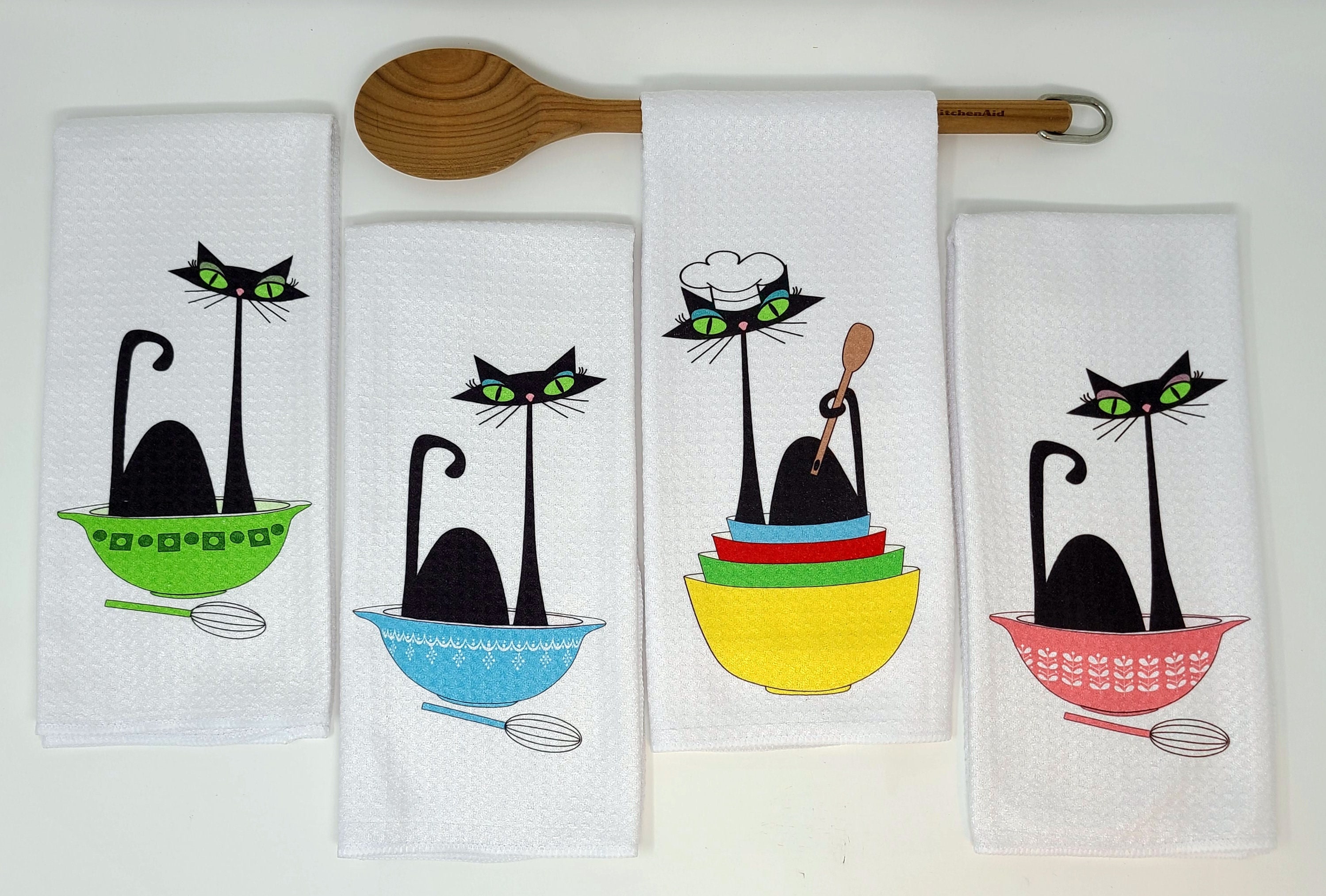 MCM Atomic Cats in Retro Pyrex Bowls kitchen towels/Cat Towels/ Atomic