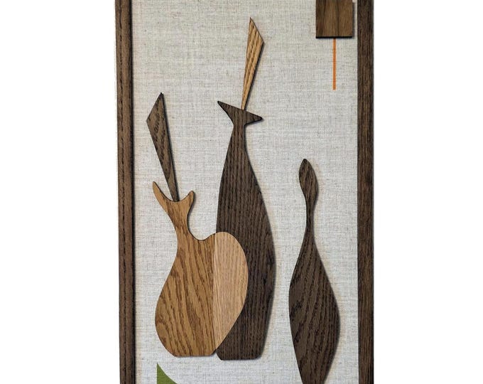 Handmade Mid-Century Modern wall art panel with shapes inspired by vintage Sexton bottles.