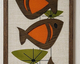 MCM inspired Fish art on linen panel-Mid Century wall art, Eames era atomic, TIKI