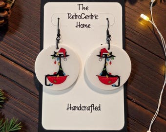 Cat in the Tree-Handmade Retro Atomic Christmas Cat Earrings