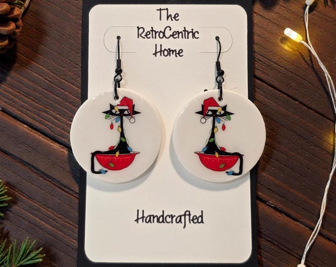 Cat in the Tree-Handmade Retro Atomic Christmas Cat Earrings