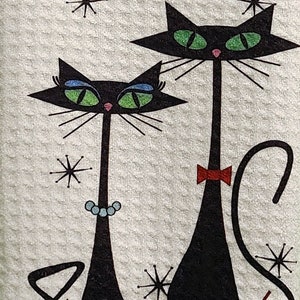Mid Century Modern Atomic Martini Cat bar towels, cat mom, cat dad, MCM cat